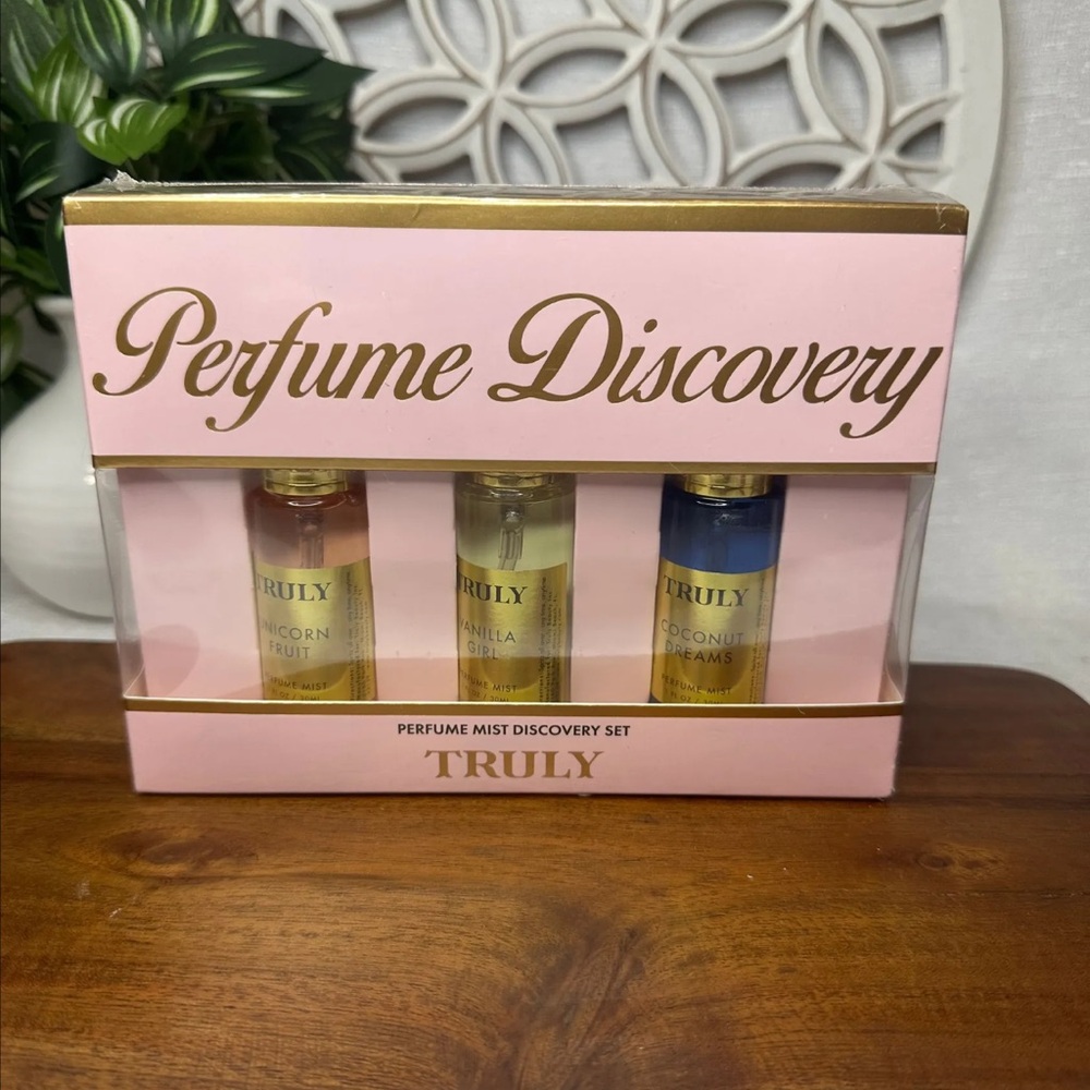 TRULY Perfume Discovery Set with Pink, Gold, and Blue Bottles